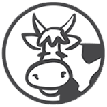Cartoon cow head logo inside a circle, black and white with a spot on the right side