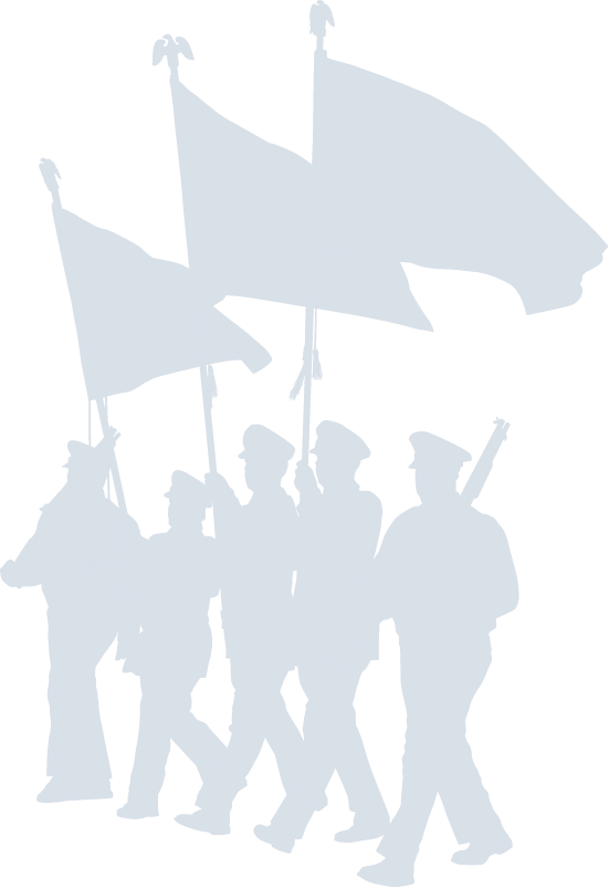 Silhouette of marching soldiers carrying large flags and rifles