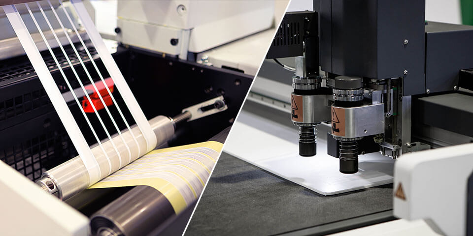 Split view of rotary die-cutting rollers feeding material and flatbed die-cutting heads pressing on a sheet