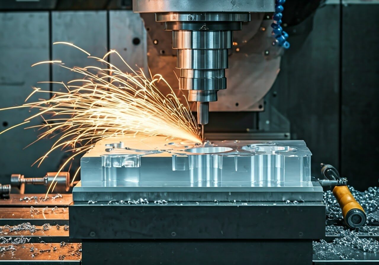 CNC milling machine cutting a metal block, sending bright sparks and metal shavings across the worktable