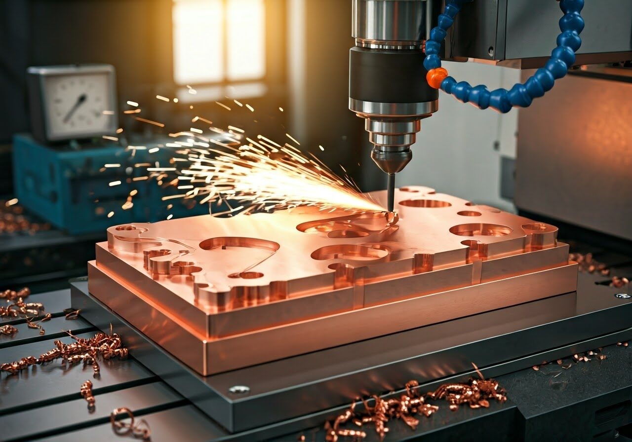 CNC milling machine cutting a copper plate, spraying sparks and metal shavings on the workbench in a workshop.