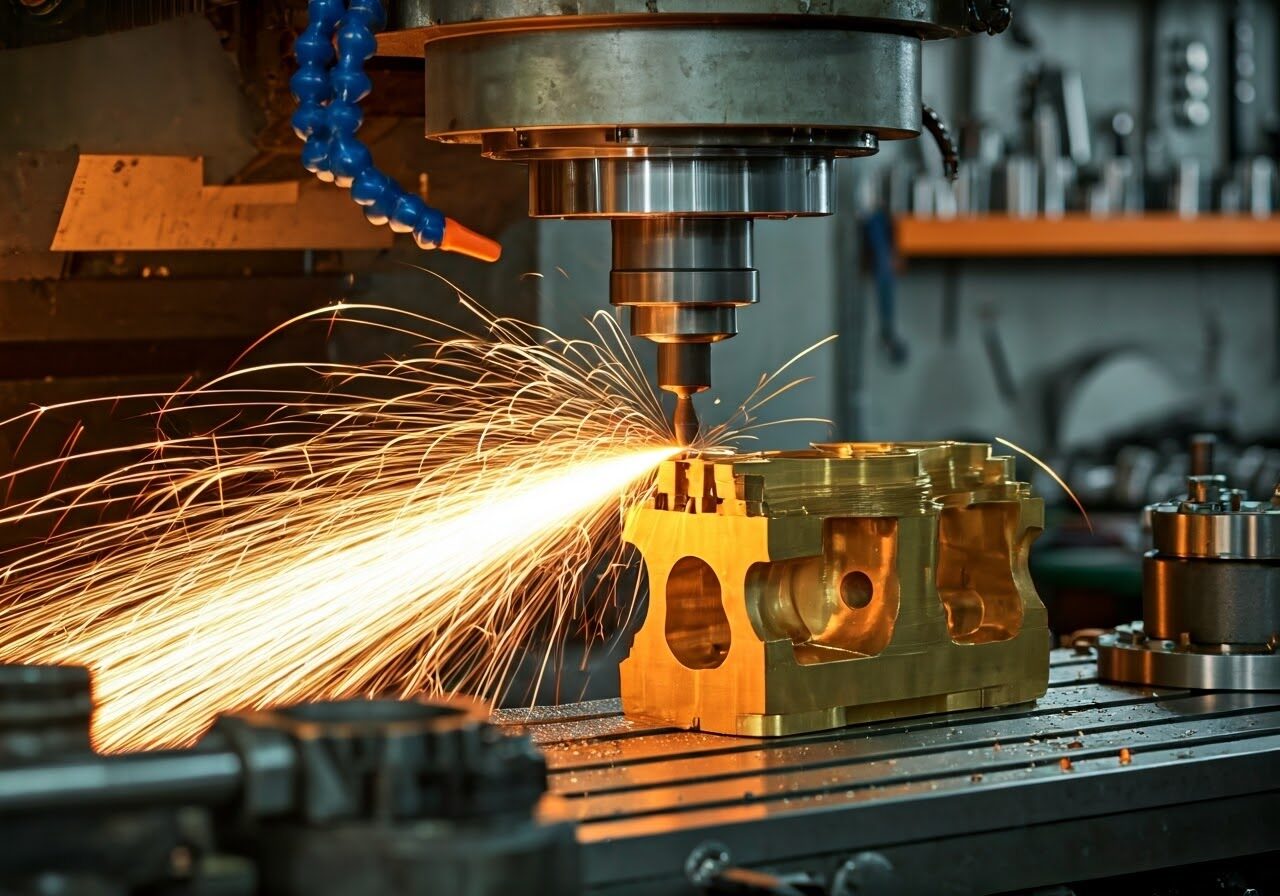 CNC milling machine cutting a metal block, sending bright sparks across the workbench in an industrial workshop