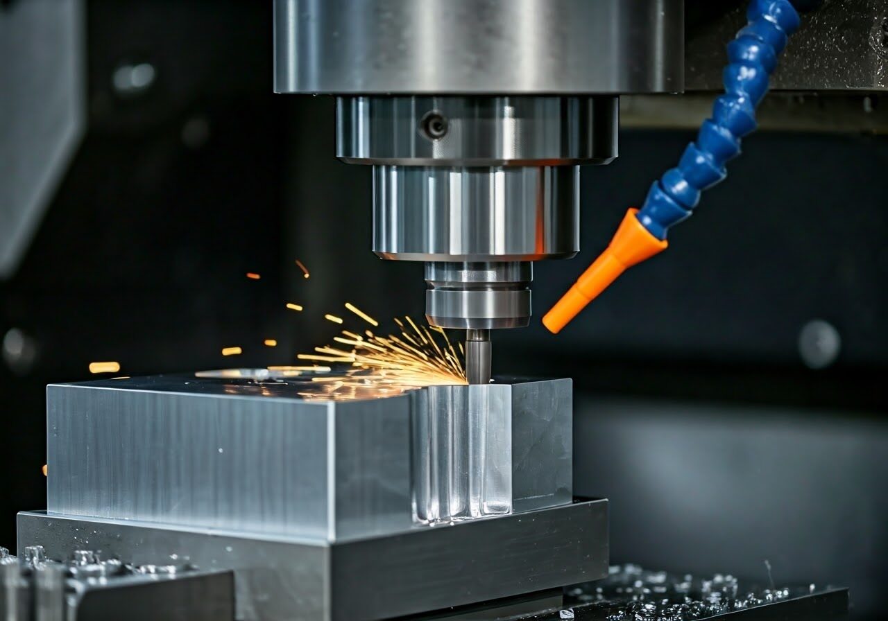 CNC milling cutter machining a metal block with sparks flying, coolant nozzle positioned near the cutting area